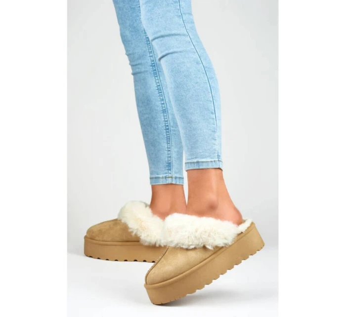 Dámské pantofle na platformě s kožešinou béžové 81366-4-KH