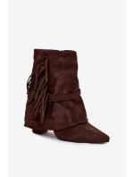 Dámské kotníkové boty na podpatku s třásněmi a zlatými přezkami čokoládové Evelisse Dámské kotníkové boty na podpatku s třásněmi a zlatými přezkami čokoládové Evelisse