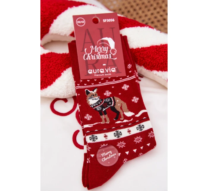 Pánské vánoční ponožky se liškou v svetru – červené Pánské vánoční ponožky se liškou v svetru – červené