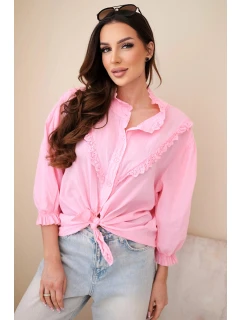 Dámská bavlněná košile s krajkou a zavazováním bonbónově růžová