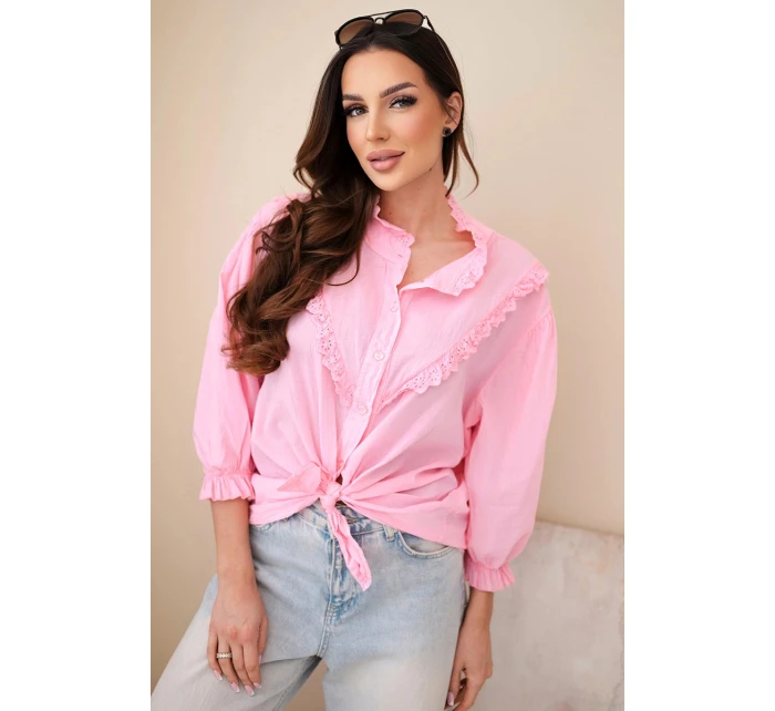 Dámská bavlněná košile s krajkou a zavazováním bonbónově růžová