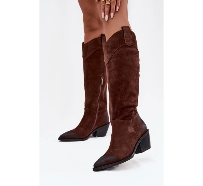 Dámské cowboy kozačky na podpatku z přírodního semiše Artiker – hnědé