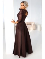 309-14 AMBER elegantní dlouhé krajkové šaty s výstřihem - čokoládové 309-14 AMBER elegantní dlouhé krajkové šaty s výstřihem - čokoládové