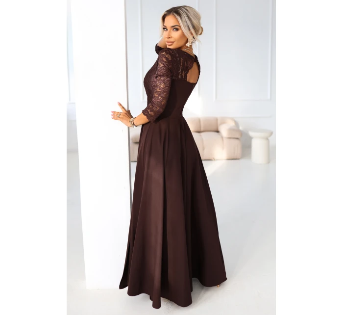 309-14 AMBER elegantní dlouhé krajkové šaty s výstřihem - čokoládové 309-14 AMBER elegantní dlouhé krajkové šaty s výstřihem - čokoládové