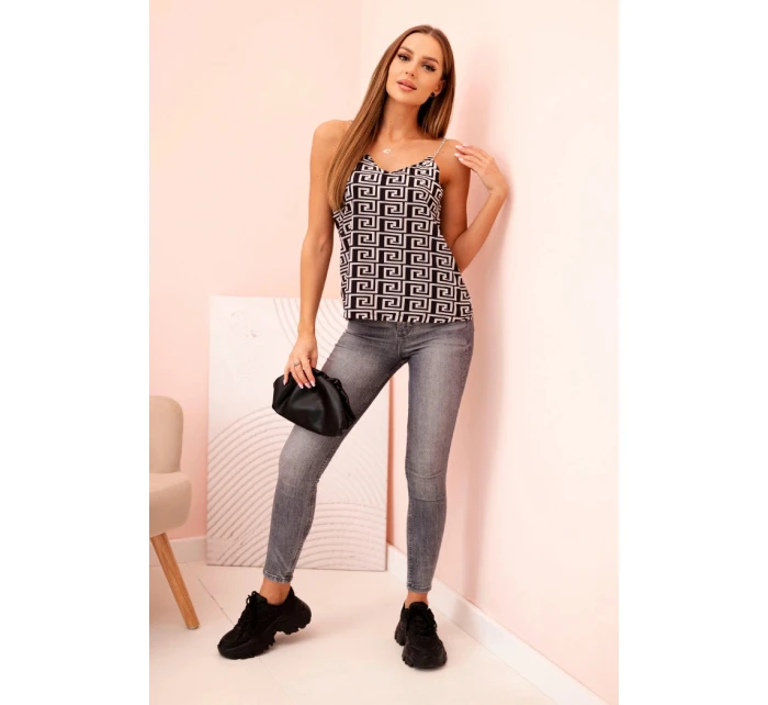 Dámská top s ramínky, řetízkem a geometrickým vzorem béžová + černá