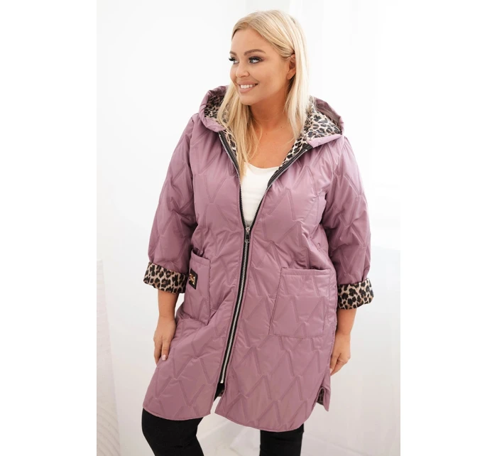 Dámská prošívaná bunda Plus Size s podšívkou v leopardím vzoru a kapucí tmavě růžová
