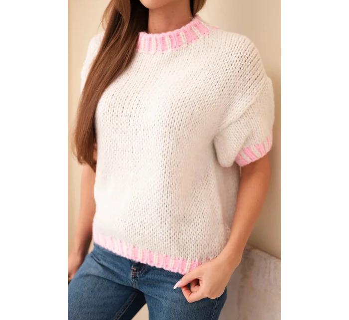 Dámský svetr s krátkým rukávem a model 21949248 lemováním béžový - K-Fashion