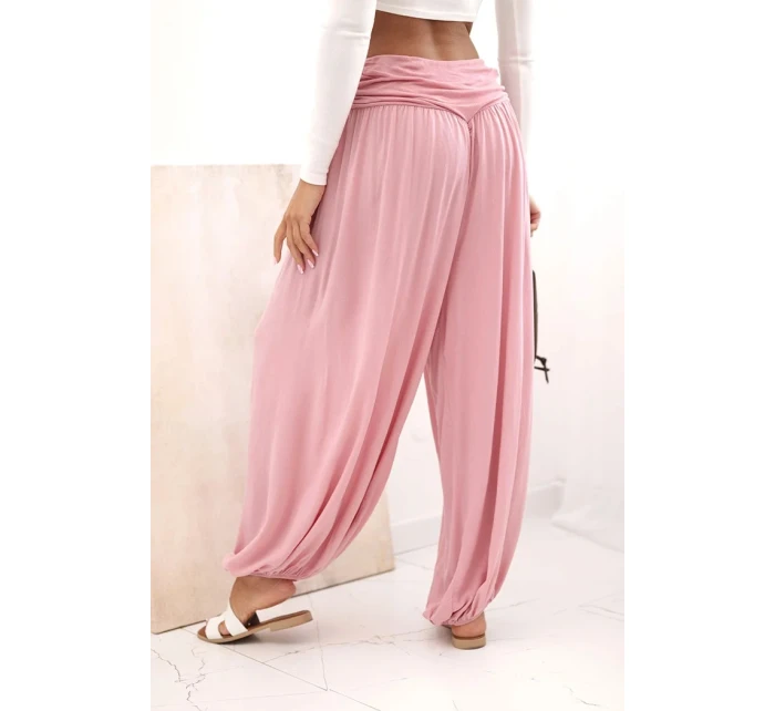 Dámské viskózové kalhoty s širokými nohavicemi a volánky tmavě růžová