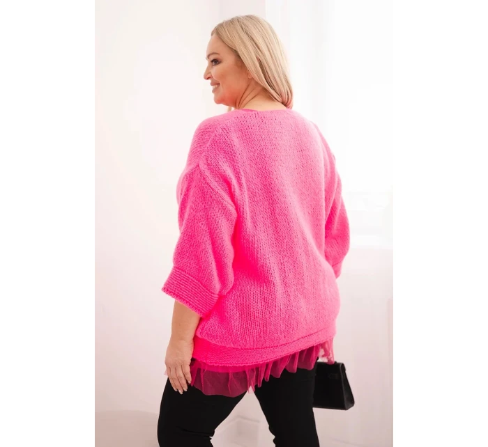 Dámská souprava svetr s výstřihem do V a viskózová blůza s krajkovým spodním lemem růžový neon Dámská souprava svetr s výstřihem do V a viskózová blůza s krajkovým spodním lemem růžový neon