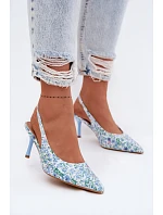Ozdobené dámské sandály na jehlovém podpatku s květinovým vzorem modré model 22103131 - Boto