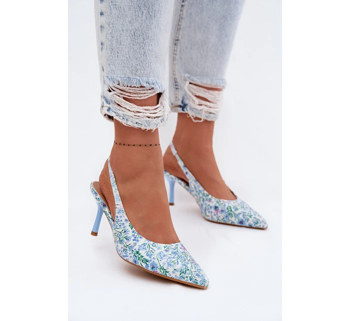 Ozdobené dámské sandály na jehlovém podpatku s květinovým vzorem modré model 22103131 - Boto