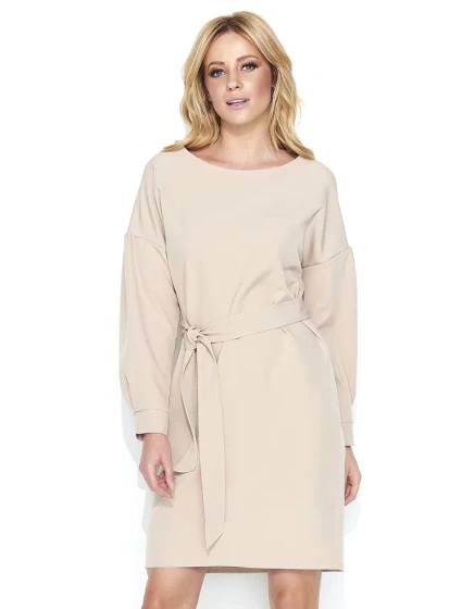 Dámské elegantní šaty s páskem středně dlouhé béžové - Béžová - Makadamia Dámské elegantní šaty s páskem středně dlouhé béžové - Béžová - Makadamia