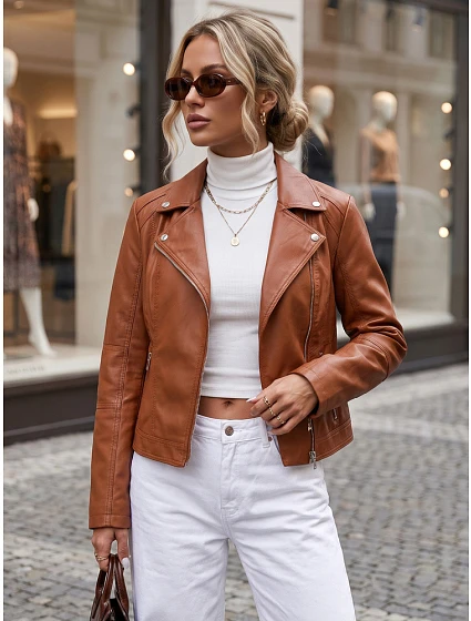 Dámská bunda ve stylu Ramones z ekologické kůže, hnědá, FashionStreet TY5731 Dámská bunda ve stylu Ramones z ekologické kůže, hnědá, FashionStreet TY5731