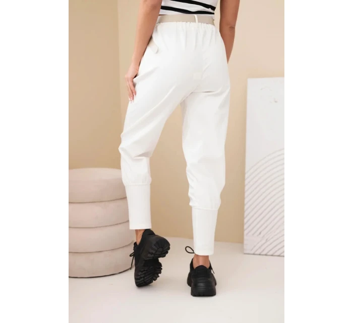 Dámské bavlněné kalhoty s vysokým pasem a páskem ecru