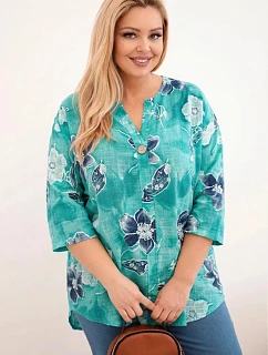 Dámská bavlněná halenka Plus Size s květinovým vzorem mořská