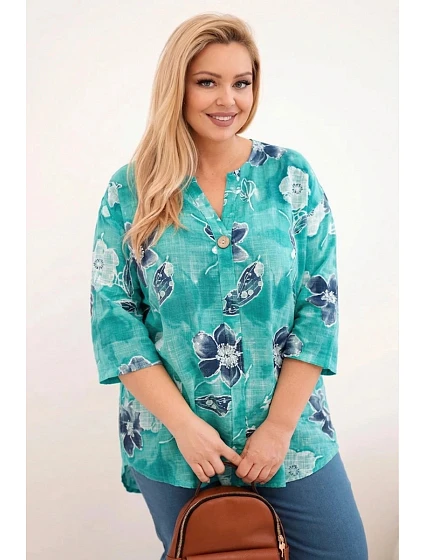 Dámská bavlněná halenka Plus Size s květinovým vzorem mořská Dámská bavlněná halenka Plus Size s květinovým vzorem mořská