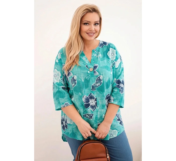 Dámská bavlněná halenka Plus Size s květinovým vzorem mořská Dámská bavlněná halenka Plus Size s květinovým vzorem mořská