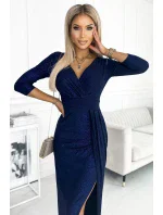 404-2 Třpytivé dlouhé šaty s výstřihem a rozparkem na nohou - GRANITE se třpytkami