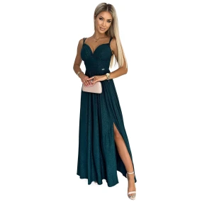460-1 JOVITE brokátové dlouhé šaty bez ramínek s rozparkem na nohou - BOTTLE GREEN