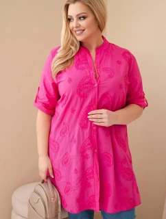 Dámské šaty Plus Size s výšivkou a ohrnovacími rukávy růžová