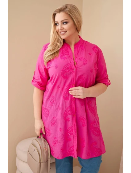 Dámské šaty Plus Size s výšivkou a ohrnovacími rukávy růžová