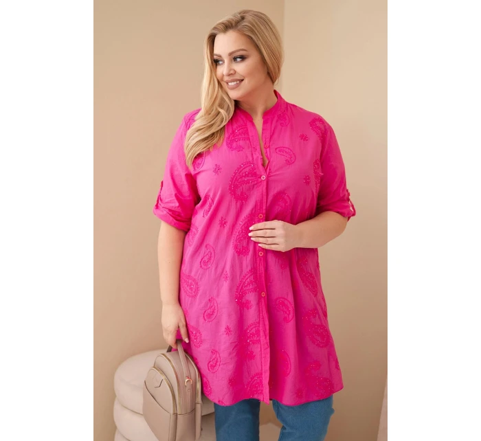 Dámské šaty Plus Size s výšivkou a ohrnovacími rukávy růžová