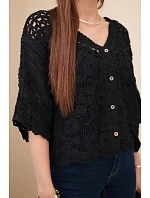 Dámský bavlněný ažurový svetr zapínaný na knoflíky s krátkým rukávem černý