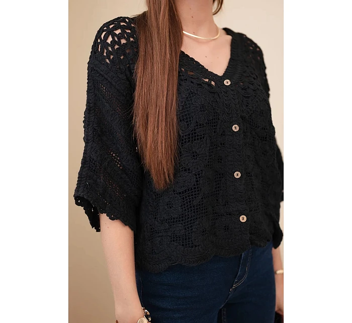 Dámský bavlněný ažurový svetr zapínaný na knoflíky s krátkým rukávem černý