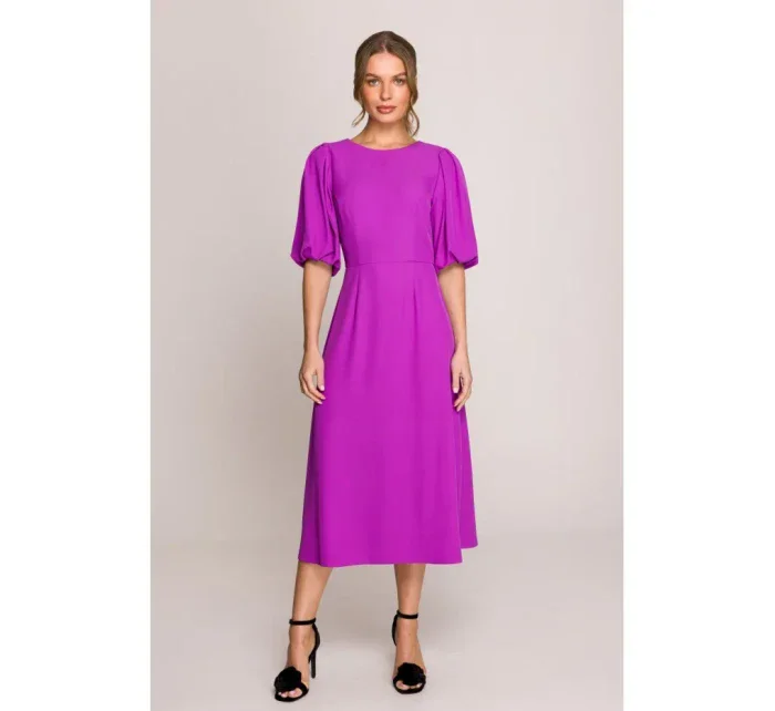 S399 Šaty s puff rukávy - levandulová barva S399 Šaty s puff rukávy - levandulová barva