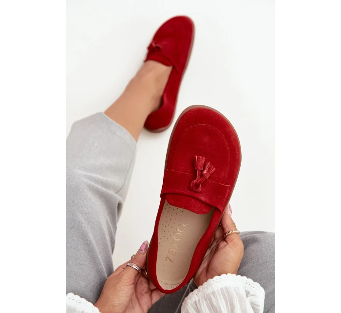 Kožené semišové mokasíny typu barefoot Zazoo  – červené