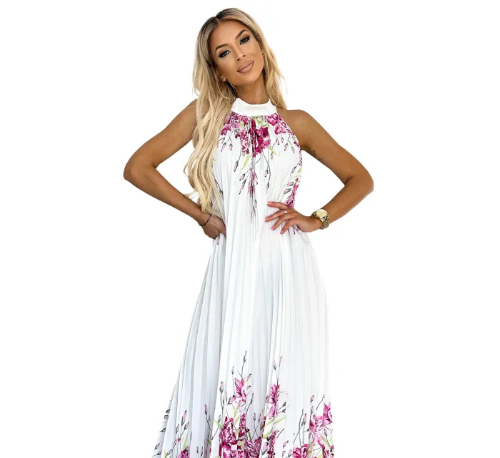 456-2 ESTER Plisované saténové maxi šaty - BÍLÉ S RŮŽOVÝMI KVĚTY