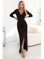Elegantní dlouhé šaty s obálkovým výstřihem a rozparkem  hnědé model 21720277 - numoco