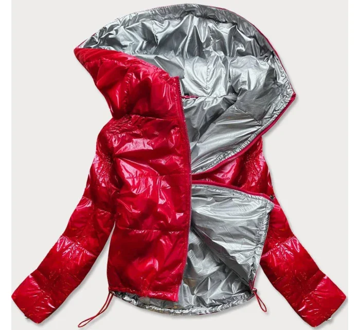 Lesklá červená prošívaná dámská bunda s kapucí (B9560) Lesklá červená prošívaná dámská bunda s kapucí (B9560)
