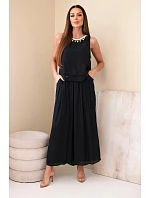 Dámský komplet z viskózy s topem bez rukávů a širokými kalhotami s ozdobným zakončením černý