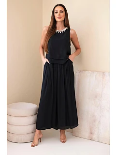 Dámský komplet z viskózy s topem bez rukávů a širokými kalhotami s ozdobným zakončením černý