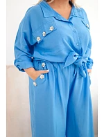 Dámský Plus Size komplet s košilí a širokými kalhotami džínový Dámský Plus Size komplet s košilí a širokými kalhotami džínový