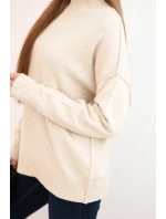 Dámský svetr z viskózy s model 21410342 polo límcem a volným střihem béžový - K-Fashion Dámský svetr z viskózy s model 21410342 polo límcem a volným střihem béžový - K-Fashion