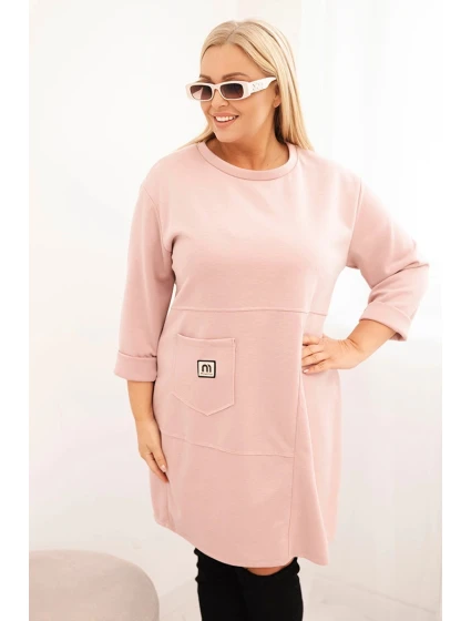 Dámské šaty Plus Size máslo s kapsou a rukávem 3/4 pudrově růžová