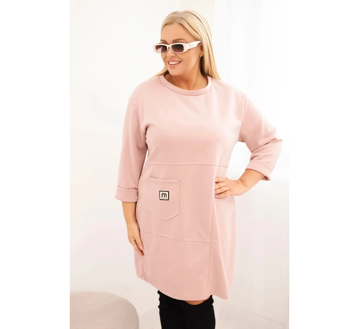 Dámské šaty Plus Size model 21439144 s kapsou a rukávem 3/4 pudrově růžová - K-Fashion