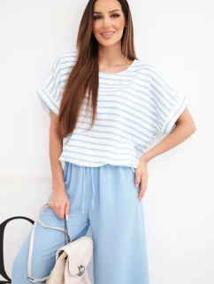 Dámská souprava viskózová s model 21951957 blůzou a širokými kalhotami s gumou modrý - K-Fashion