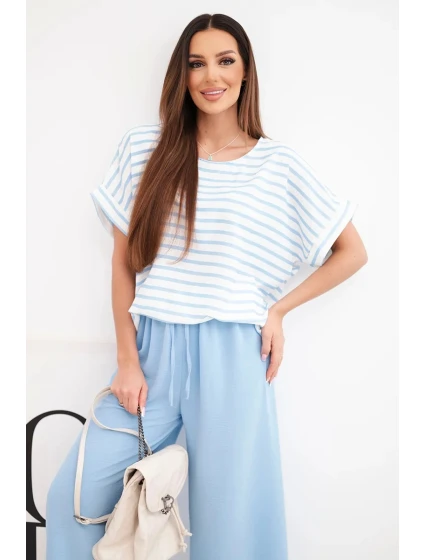 Dámská souprava viskózová s pruhovanou blůzou a širokými kalhotami s gumou modrý