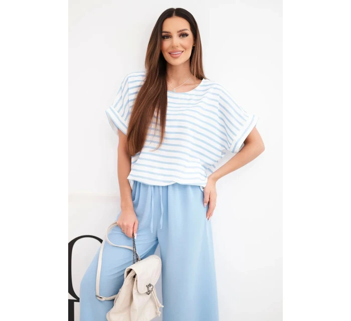 Dámská souprava viskózová s pruhovanou blůzou a širokými kalhotami s gumou modrý