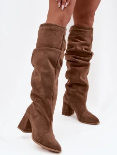 Dámské zateplené kozačky na podpatku Zazoo – světle hnědé, pravý semiš