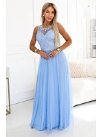 672-1 Romantické svatební maxi šaty s vyšívanou krajkou a tylem - modré 672-1 Romantické svatební maxi šaty s vyšívanou krajkou a tylem - modré