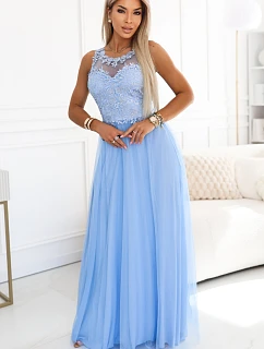 672-1 Romantické svatební maxi šaty s vyšívanou krajkou a tylem - modré