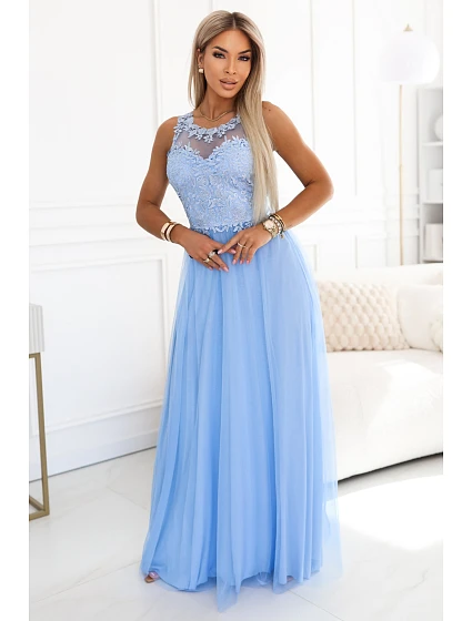 672-1 Romantické svatební maxi šaty s vyšívanou krajkou a tylem - modré 672-1 Romantické svatební maxi šaty s vyšívanou krajkou a tylem - modré