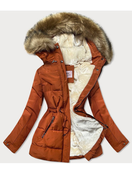 Oranžovo/hnědá dámská zimní bunda parka s mechovitým kožíškem (W560)