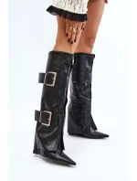 Kozačky ke kolenům na klínu s ohrnutým svrškem a model 21677855 - Boto