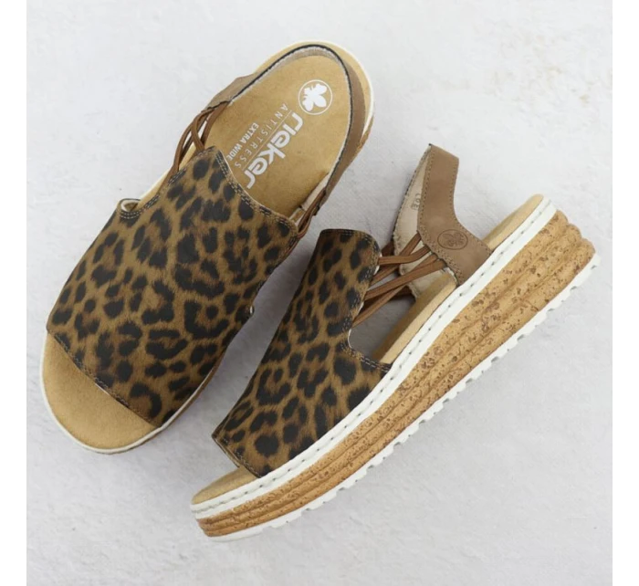Dámské sandály na platformě s leopardím vzorem v béžové barvě Rieker 62741-90