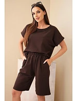 Dámský bavlněný komplet halenka krátký rukáv a kraťasy s gumičkou v pase hnědá